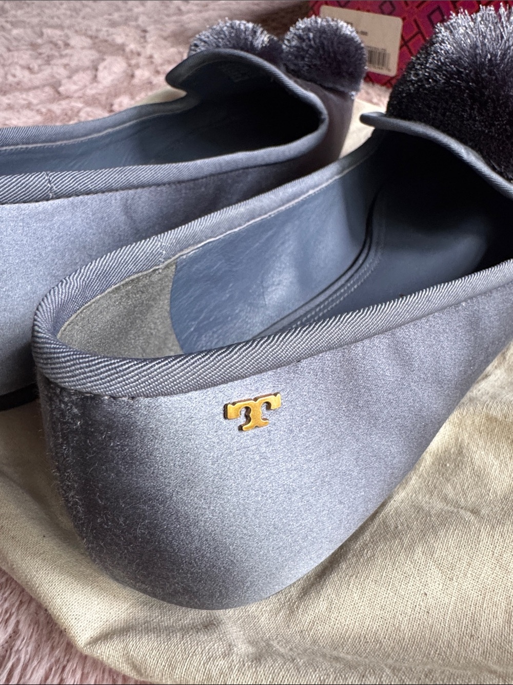 Tory Burch Slate Gray Leather Pom-Pom Loafers - Picture 5 of 14